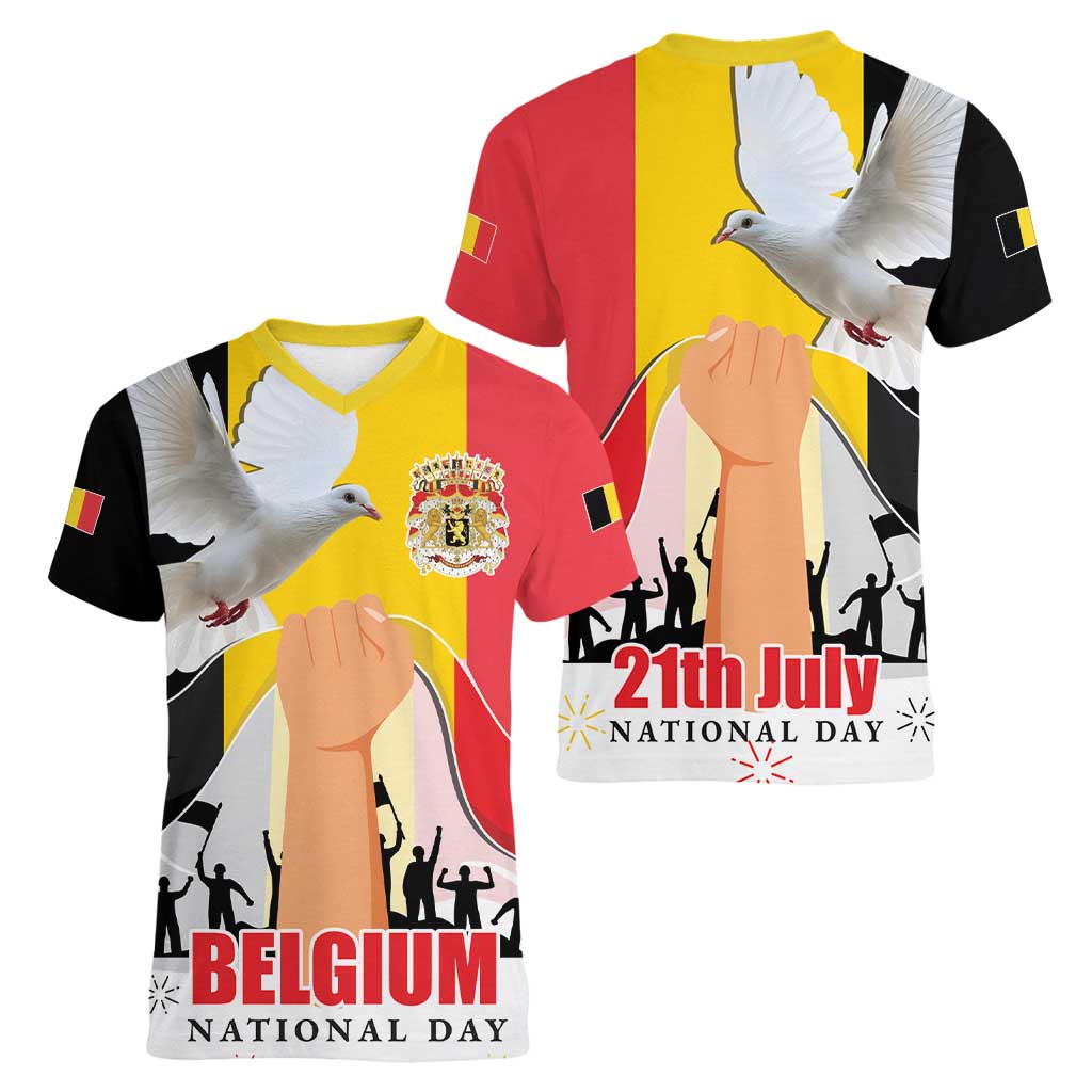 Belgian National Day Women V-Neck T-Shirt 21th July Flag with Dove