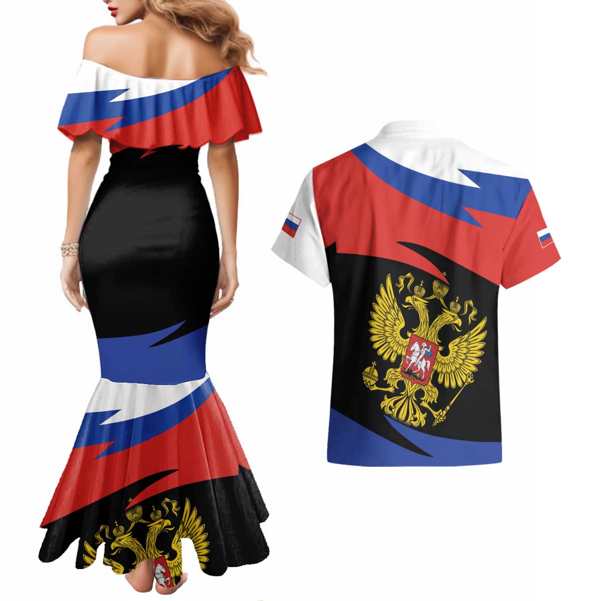 Russia Coat of Arms Couples Matching Mermaid Dress and Hawaiian Shirt Russian Eagle Two Heads Simple Style