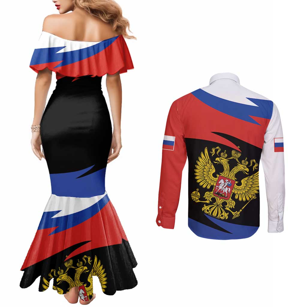 Russia Coat of Arms Couples Matching Mermaid Dress and Long Sleeve Button Shirt Russian Eagle Two Heads Simple Style