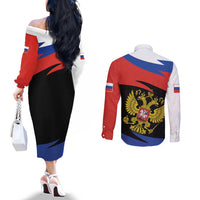 Russia Coat of Arms Couples Matching Off The Shoulder Long Sleeve Dress and Long Sleeve Button Shirt Russian Eagle Two Heads Simple Style