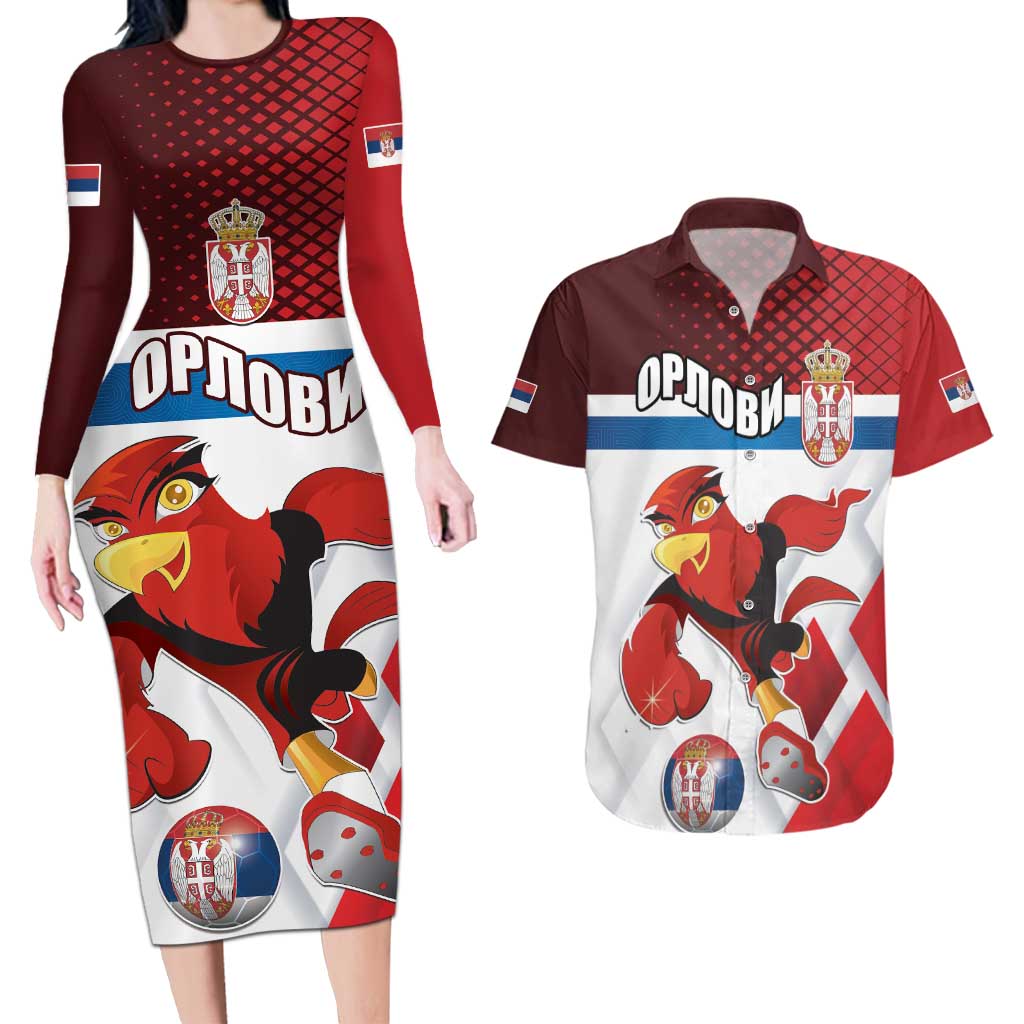 Custom Serbia Football Couples Matching Long Sleeve Bodycon Dress and Hawaiian Shirt Sporty Style with Eagle Mascot