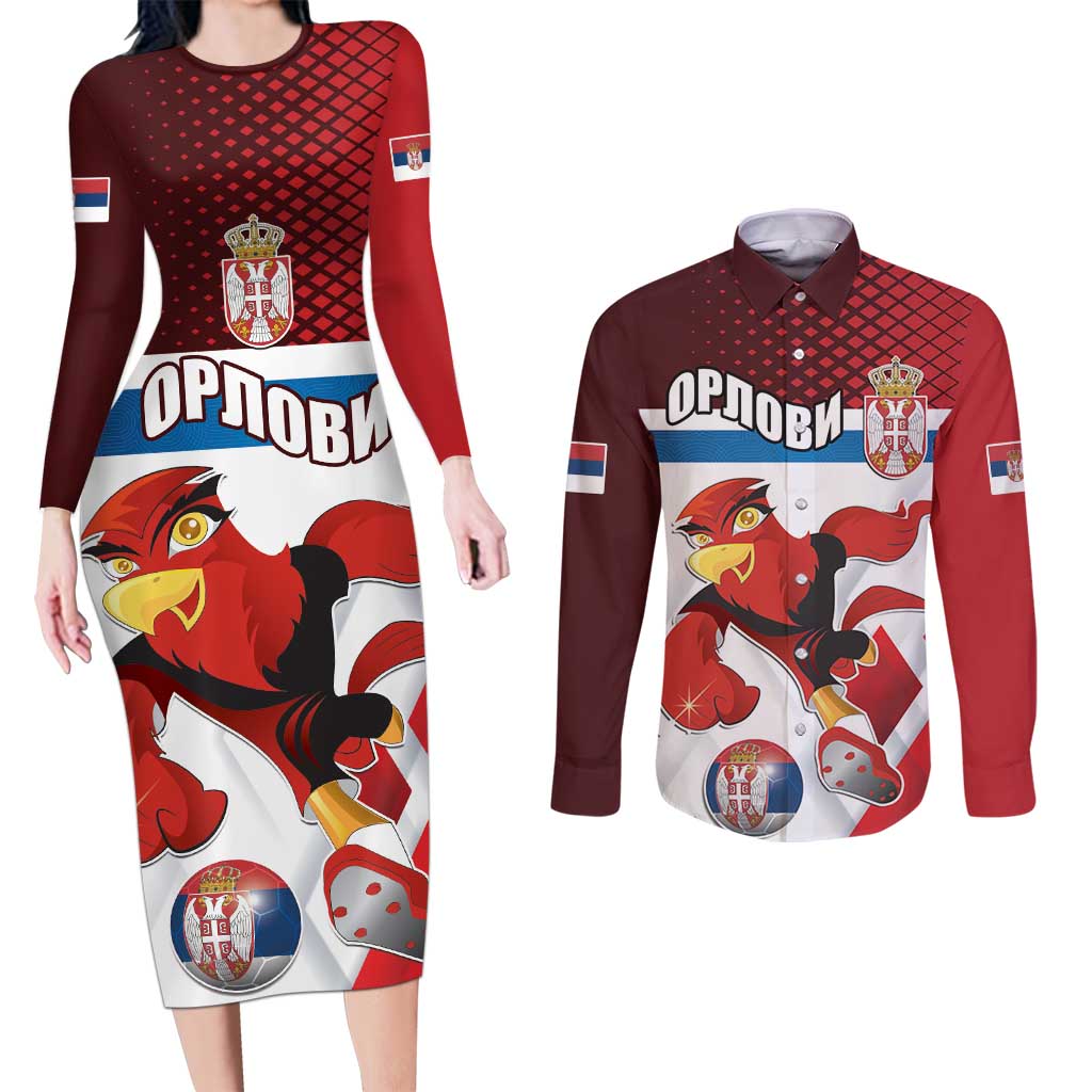 Custom Serbia Football Couples Matching Long Sleeve Bodycon Dress and Long Sleeve Button Shirt Sporty Style with Eagle Mascot