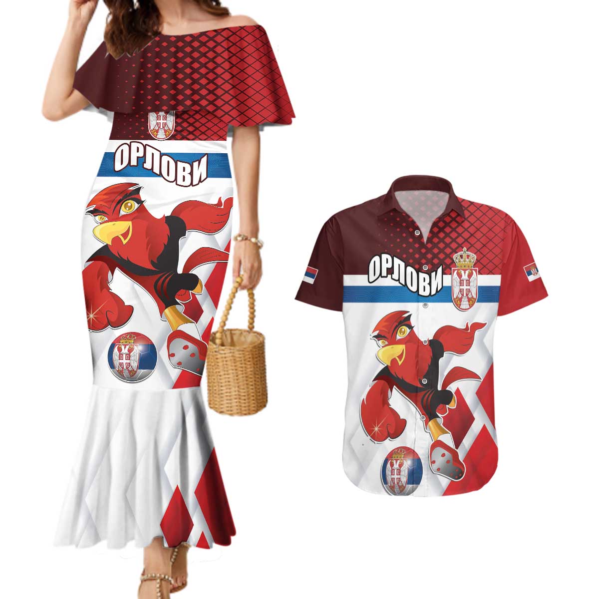 Custom Serbia Football Couples Matching Mermaid Dress and Hawaiian Shirt Sporty Style with Eagle Mascot