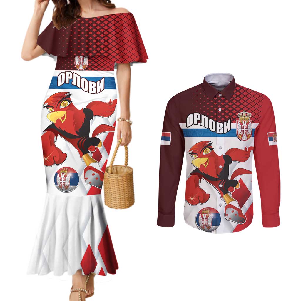 Custom Serbia Football Couples Matching Mermaid Dress and Long Sleeve Button Shirt Sporty Style with Eagle Mascot
