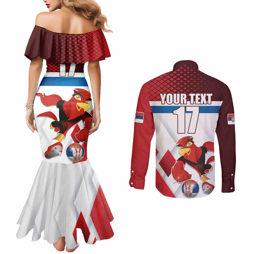 Custom Serbia Football Couples Matching Mermaid Dress and Long Sleeve Button Shirt Sporty Style with Eagle Mascot