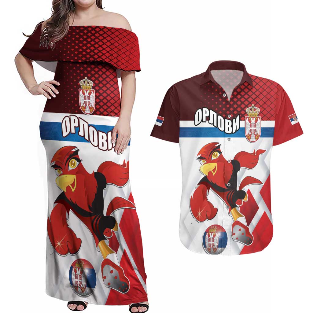 Custom Serbia Football Couples Matching Off Shoulder Maxi Dress and Hawaiian Shirt Sporty Style with Eagle Mascot