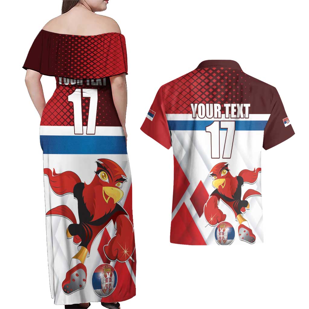 Custom Serbia Football Couples Matching Off Shoulder Maxi Dress and Hawaiian Shirt Sporty Style with Eagle Mascot