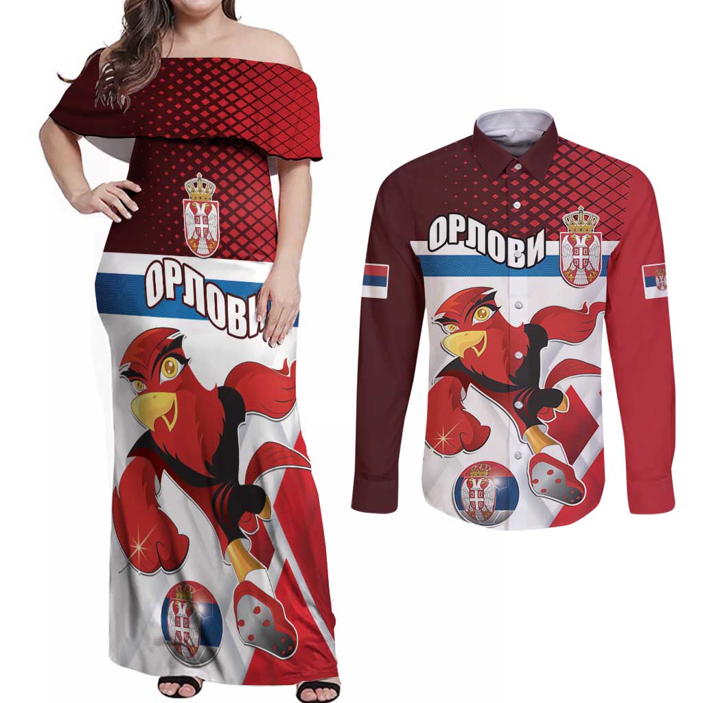 Custom Serbia Football Couples Matching Off Shoulder Maxi Dress and Long Sleeve Button Shirt Sporty Style with Eagle Mascot