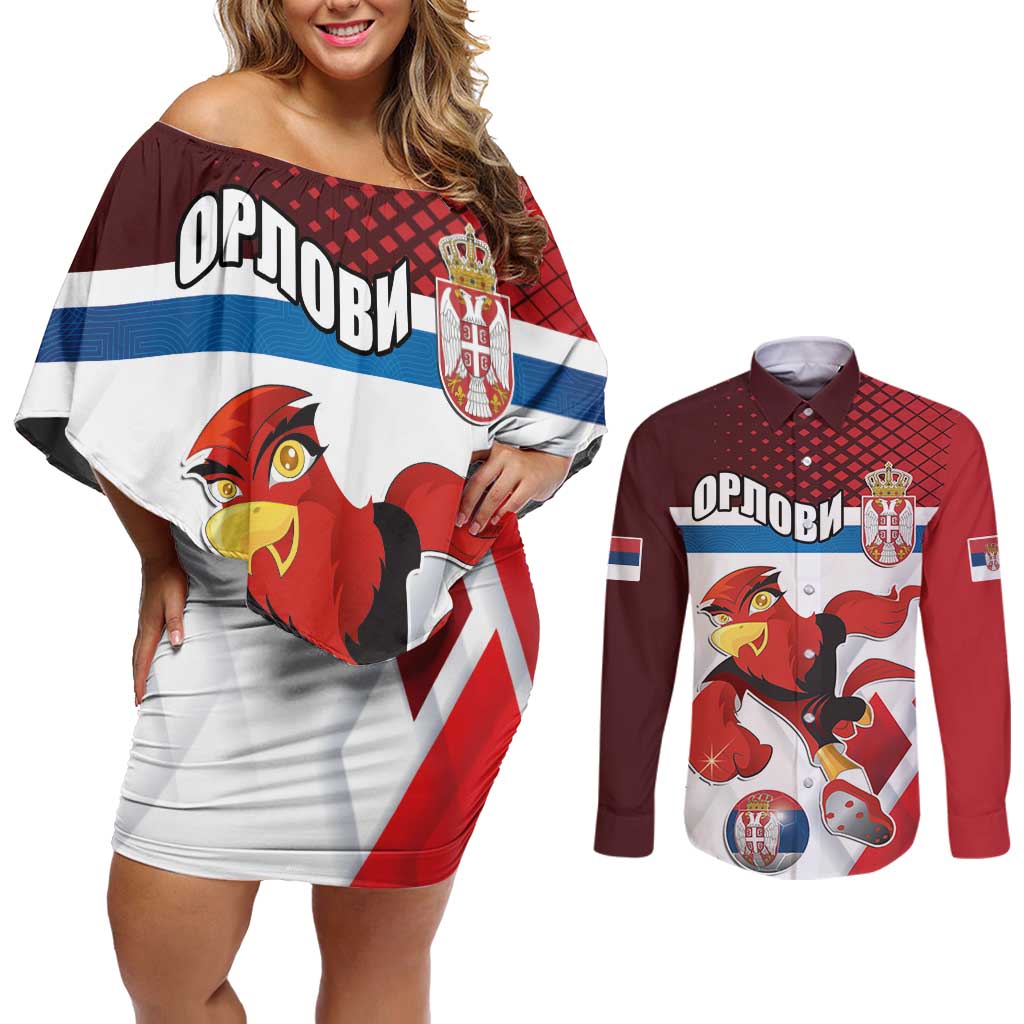 Custom Serbia Football Couples Matching Off Shoulder Short Dress and Long Sleeve Button Shirt Sporty Style with Eagle Mascot