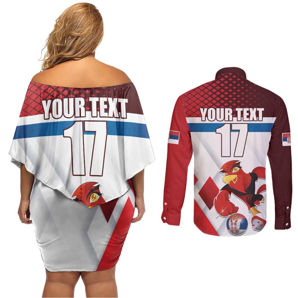 Custom Serbia Football Couples Matching Off Shoulder Short Dress and Long Sleeve Button Shirt Sporty Style with Eagle Mascot