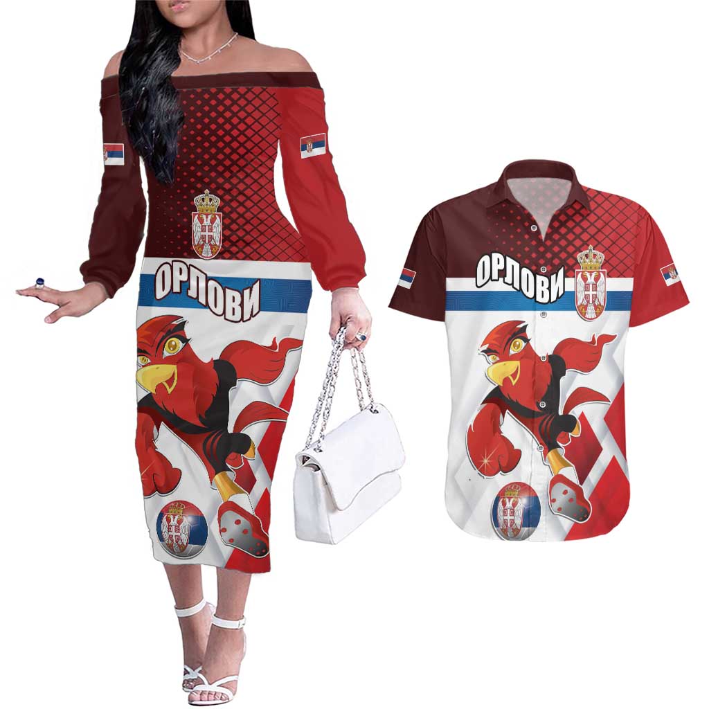 Custom Serbia Football Couples Matching Off The Shoulder Long Sleeve Dress and Hawaiian Shirt Sporty Style with Eagle Mascot