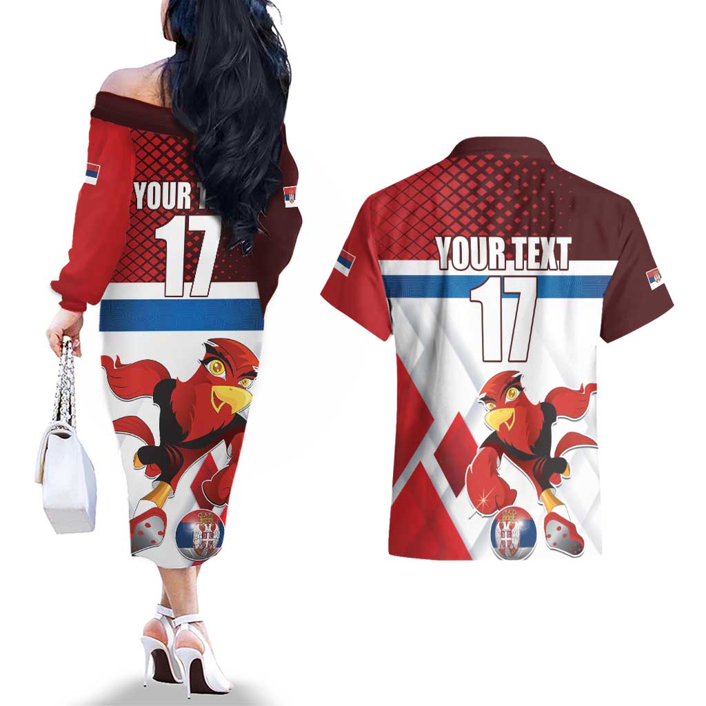 Custom Serbia Football Couples Matching Off The Shoulder Long Sleeve Dress and Hawaiian Shirt Sporty Style with Eagle Mascot