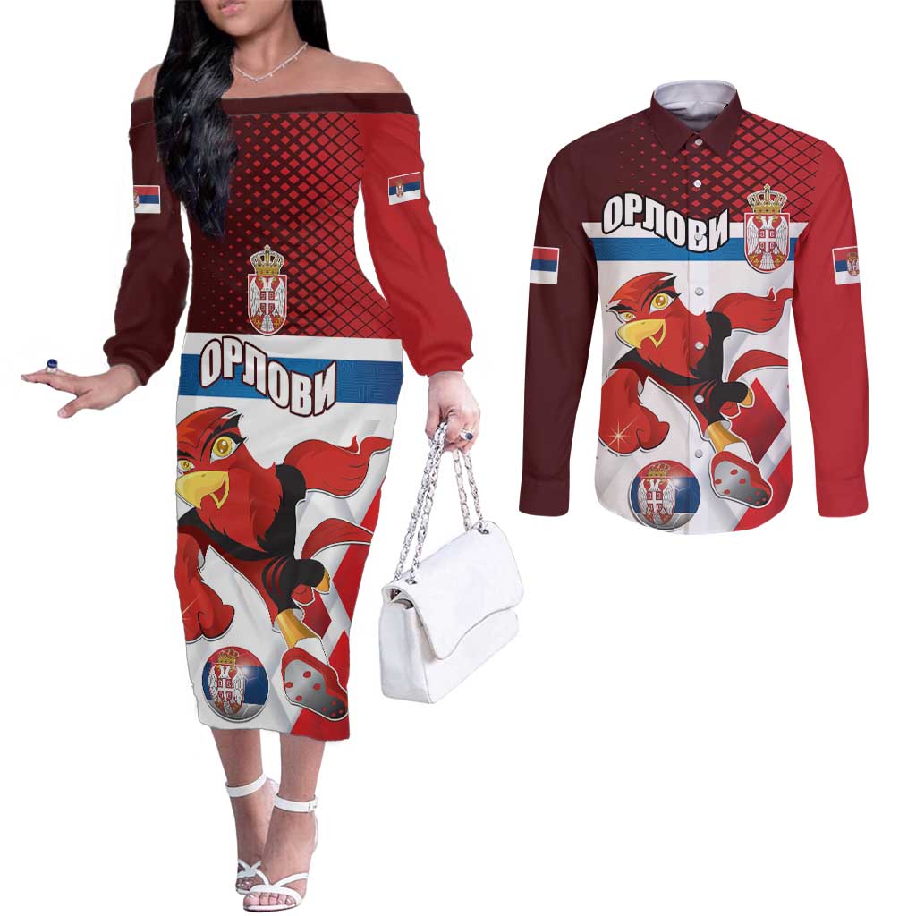 Custom Serbia Football Couples Matching Off The Shoulder Long Sleeve Dress and Long Sleeve Button Shirt Sporty Style with Eagle Mascot