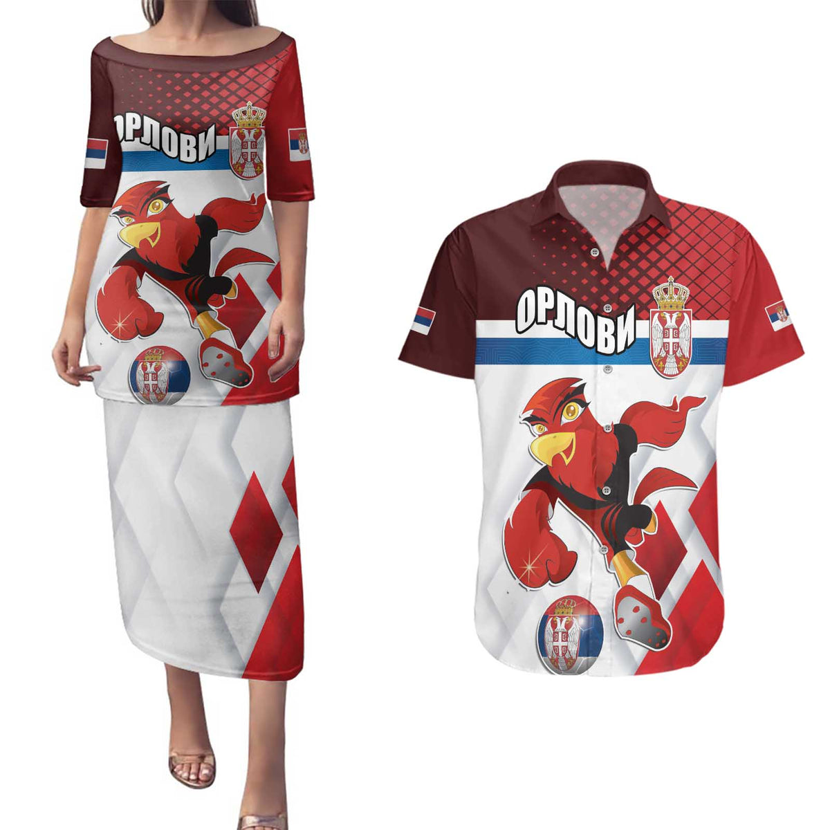 Custom Serbia Football Couples Matching Puletasi and Hawaiian Shirt Sporty Style with Eagle Mascot
