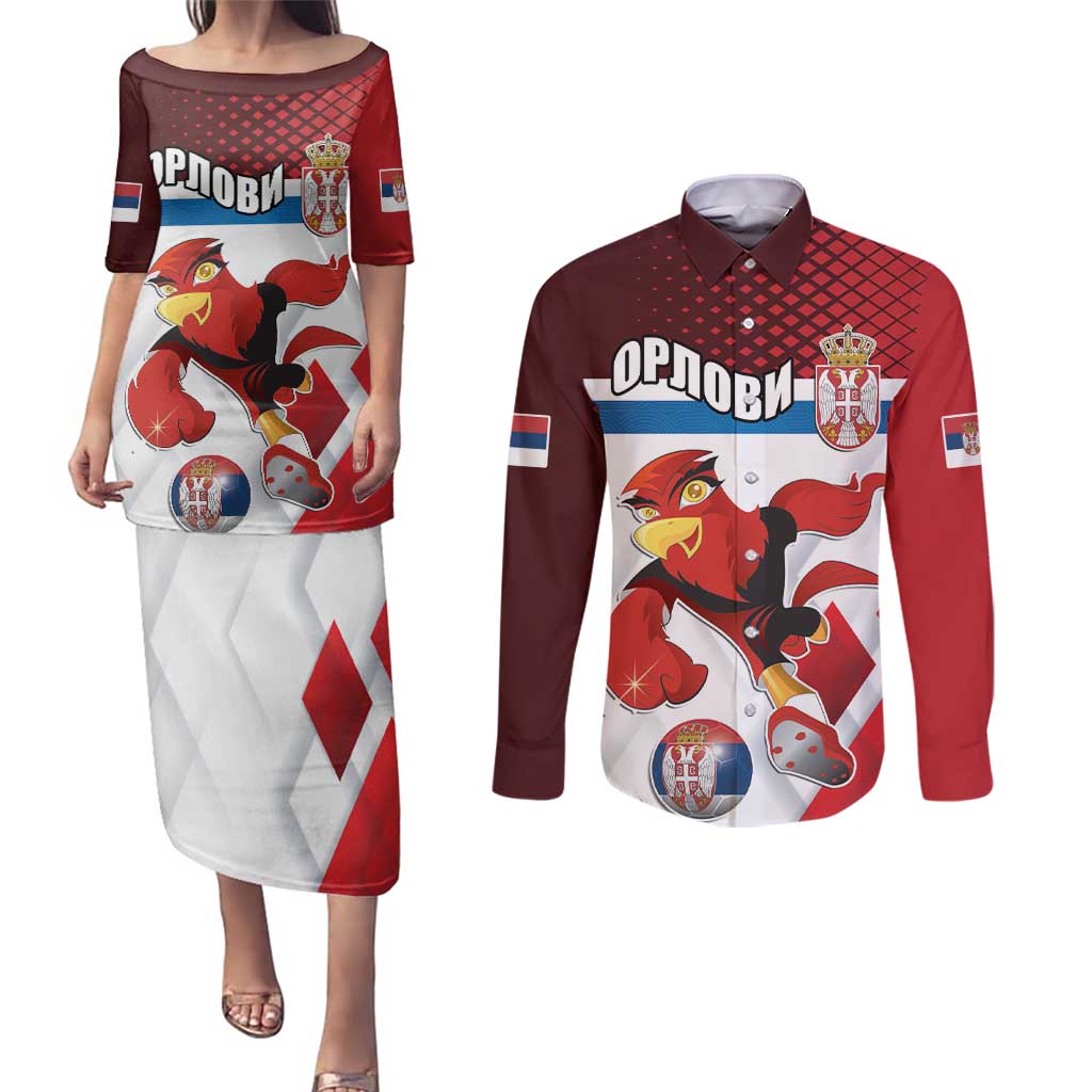 Custom Serbia Football Couples Matching Puletasi and Long Sleeve Button Shirt Sporty Style with Eagle Mascot