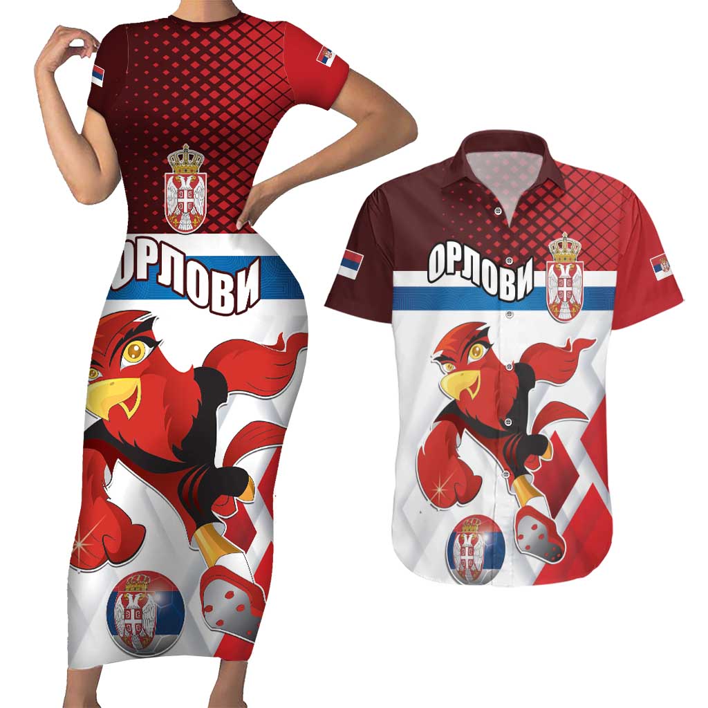 Custom Serbia Football Couples Matching Short Sleeve Bodycon Dress and Hawaiian Shirt Sporty Style with Eagle Mascot