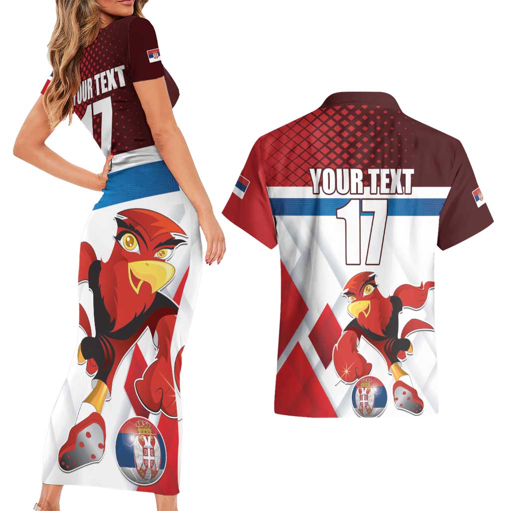 Custom Serbia Football Couples Matching Short Sleeve Bodycon Dress and Hawaiian Shirt Sporty Style with Eagle Mascot