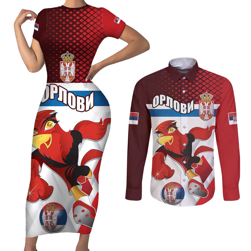 Custom Serbia Football Couples Matching Short Sleeve Bodycon Dress and Long Sleeve Button Shirt Sporty Style with Eagle Mascot