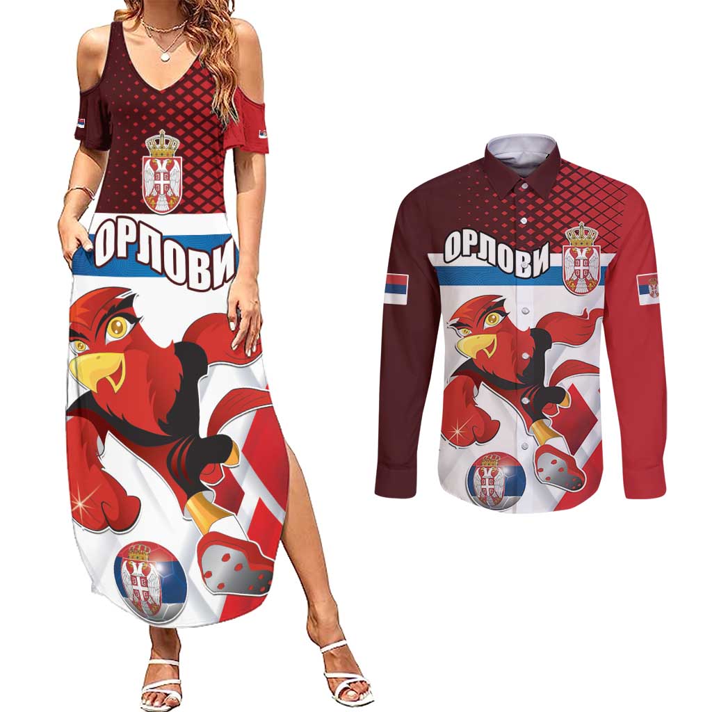 Custom Serbia Football Couples Matching Summer Maxi Dress and Long Sleeve Button Shirt Sporty Style with Eagle Mascot