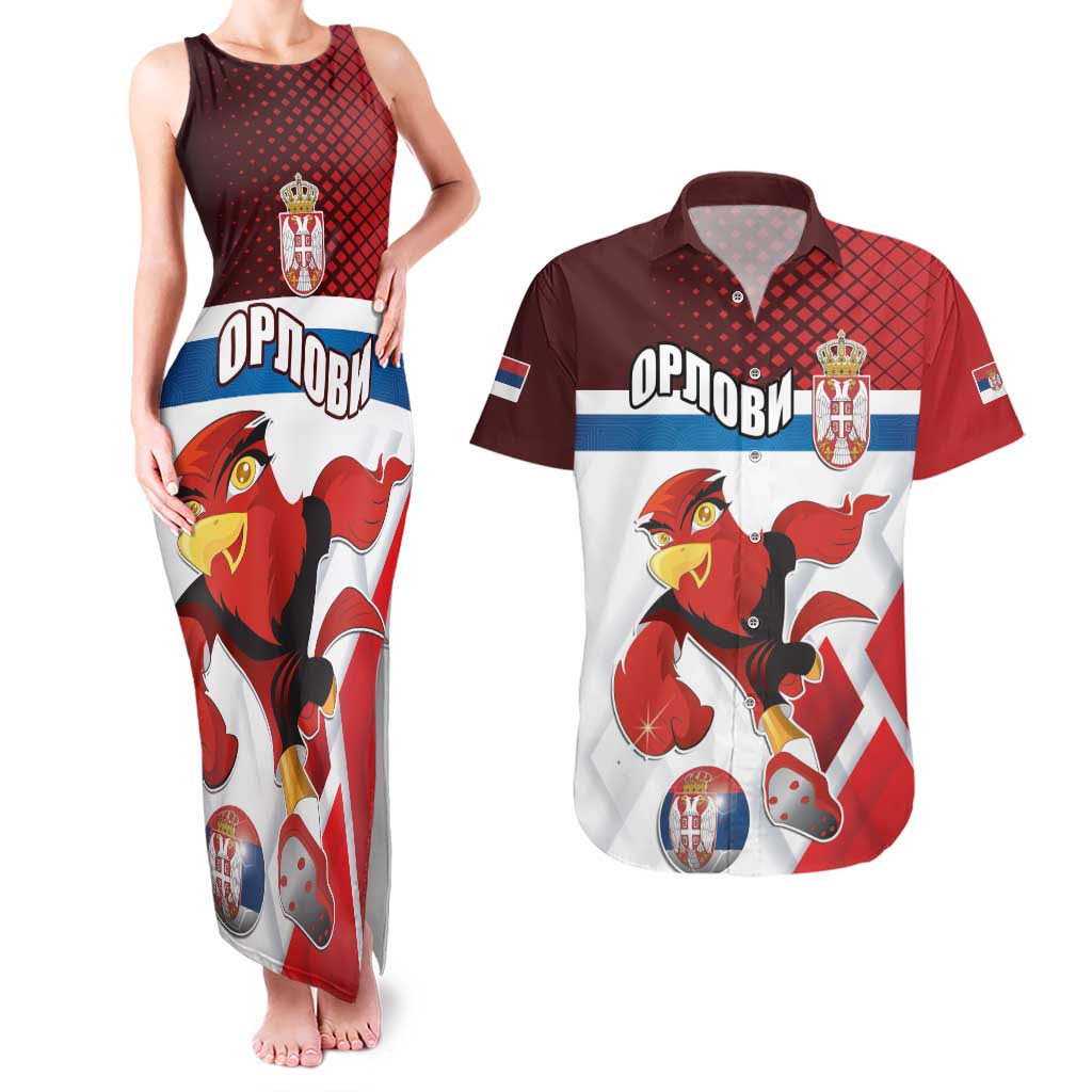 Custom Serbia Football Couples Matching Tank Maxi Dress and Hawaiian Shirt Sporty Style with Eagle Mascot