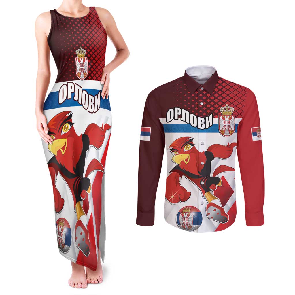 Custom Serbia Football Couples Matching Tank Maxi Dress and Long Sleeve Button Shirt Sporty Style with Eagle Mascot