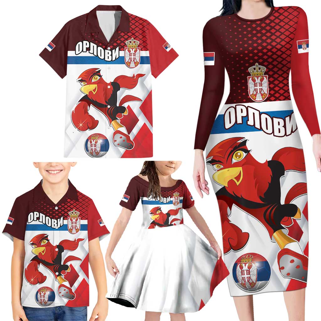 Custom Serbia Football Family Matching Long Sleeve Bodycon Dress and Hawaiian Shirt Sporty Style with Eagle Mascot