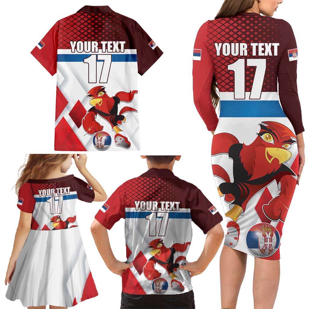 Custom Serbia Football Family Matching Long Sleeve Bodycon Dress and Hawaiian Shirt Sporty Style with Eagle Mascot