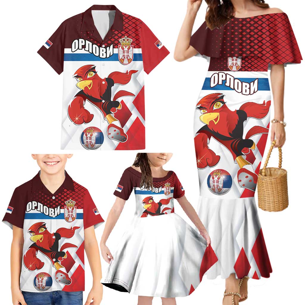 Custom Serbia Football Family Matching Mermaid Dress and Hawaiian Shirt Sporty Style with Eagle Mascot