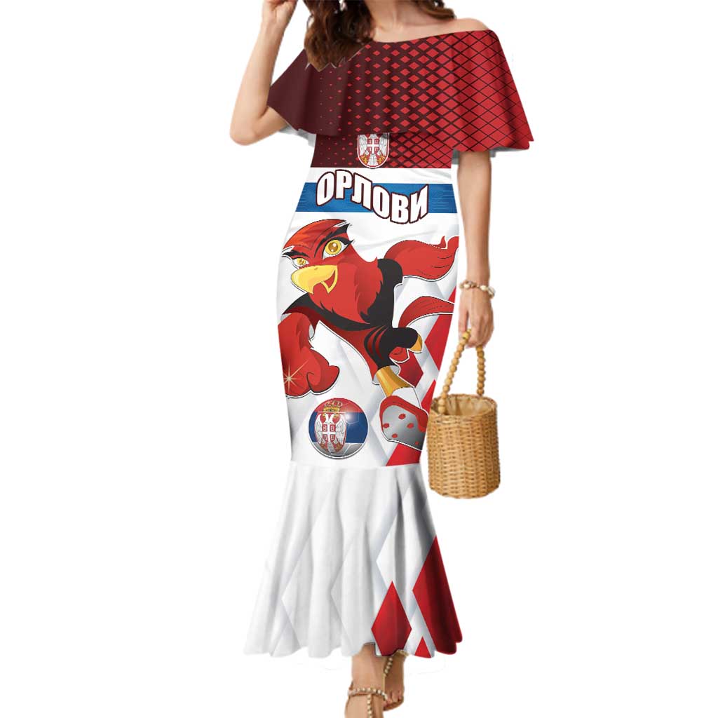 Custom Serbia Football Family Matching Mermaid Dress and Hawaiian Shirt Sporty Style with Eagle Mascot