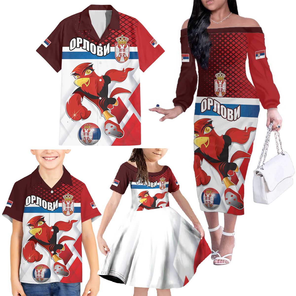 Custom Serbia Football Family Matching Off The Shoulder Long Sleeve Dress and Hawaiian Shirt Sporty Style with Eagle Mascot