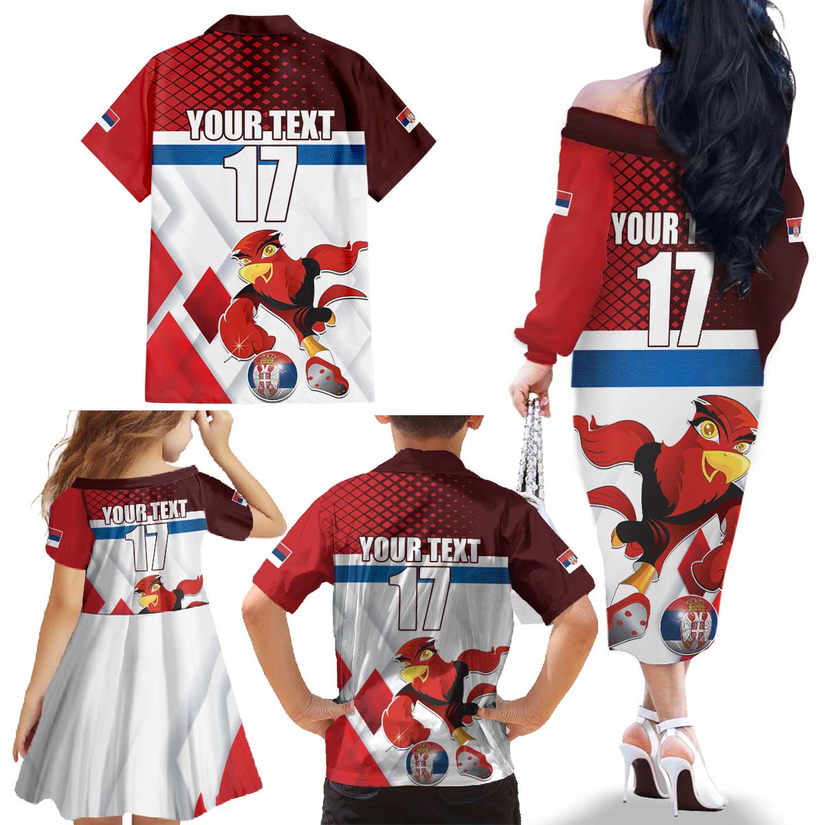 Custom Serbia Football Family Matching Off The Shoulder Long Sleeve Dress and Hawaiian Shirt Sporty Style with Eagle Mascot