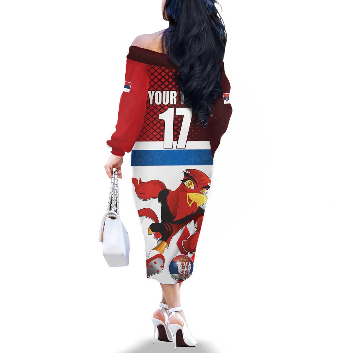 Custom Serbia Football Family Matching Off The Shoulder Long Sleeve Dress and Hawaiian Shirt Sporty Style with Eagle Mascot