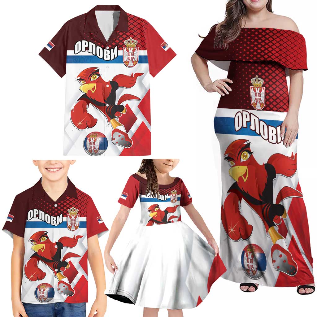 Custom Serbia Football Family Matching Off Shoulder Maxi Dress and Hawaiian Shirt Sporty Style with Eagle Mascot