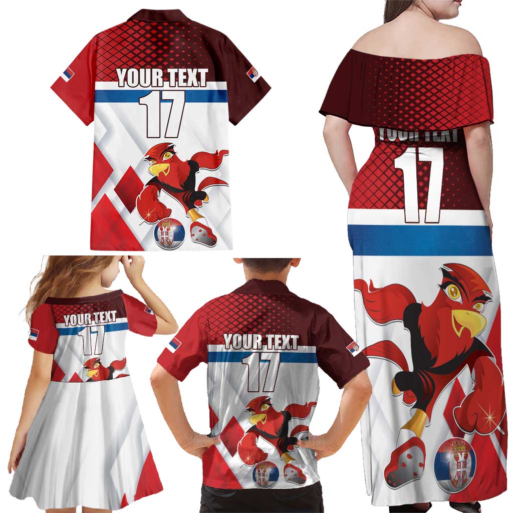 Custom Serbia Football Family Matching Off Shoulder Maxi Dress and Hawaiian Shirt Sporty Style with Eagle Mascot