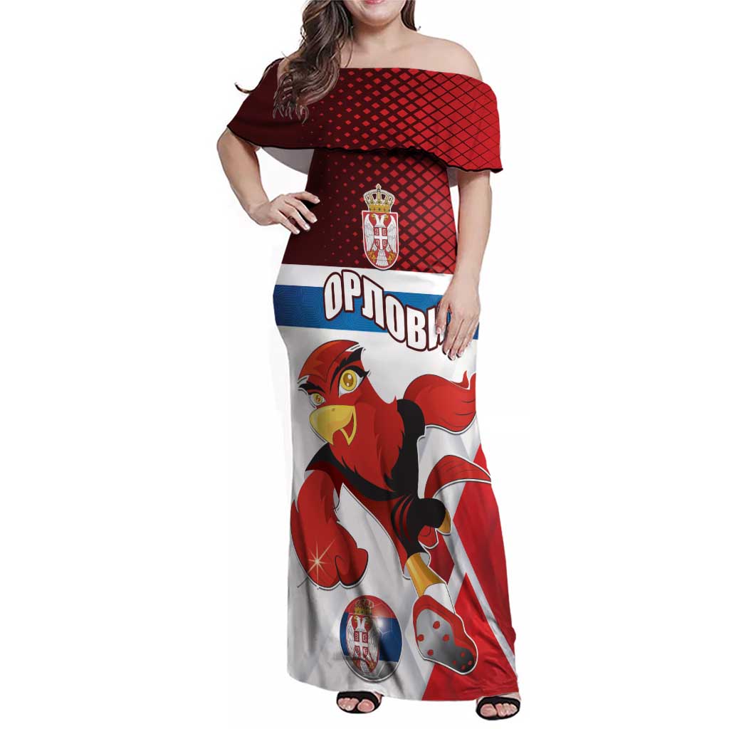 Custom Serbia Football Family Matching Off Shoulder Maxi Dress and Hawaiian Shirt Sporty Style with Eagle Mascot