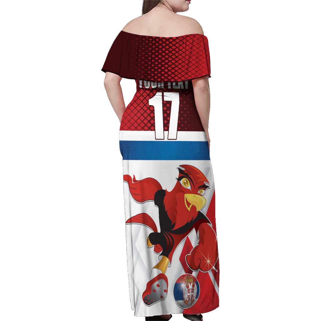 Custom Serbia Football Family Matching Off Shoulder Maxi Dress and Hawaiian Shirt Sporty Style with Eagle Mascot