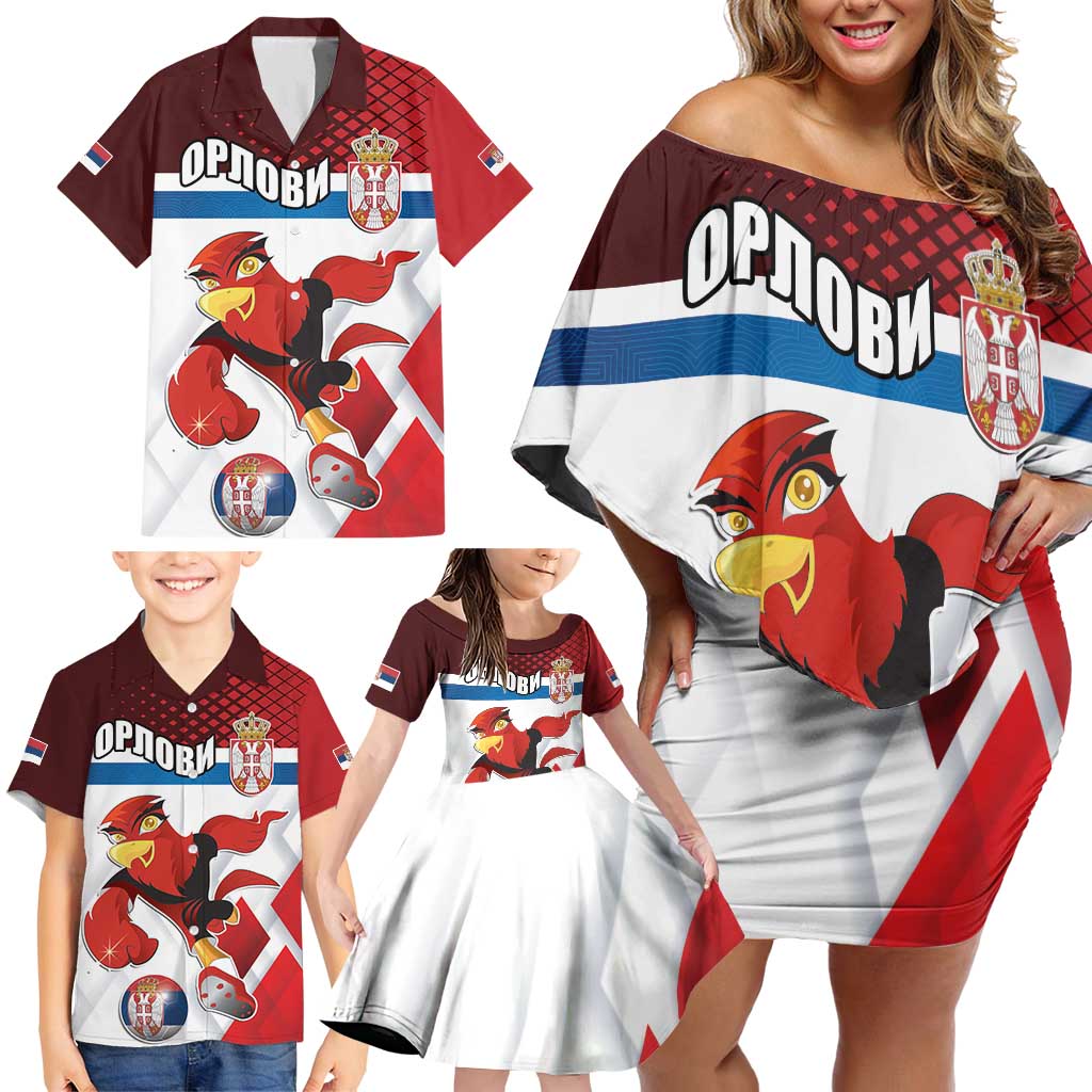Custom Serbia Football Family Matching Off Shoulder Short Dress and Hawaiian Shirt Sporty Style with Eagle Mascot