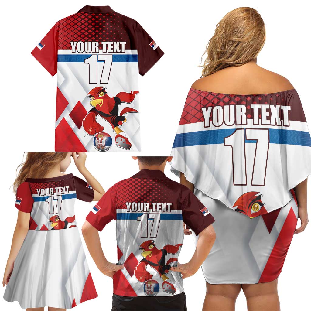 Custom Serbia Football Family Matching Off Shoulder Short Dress and Hawaiian Shirt Sporty Style with Eagle Mascot