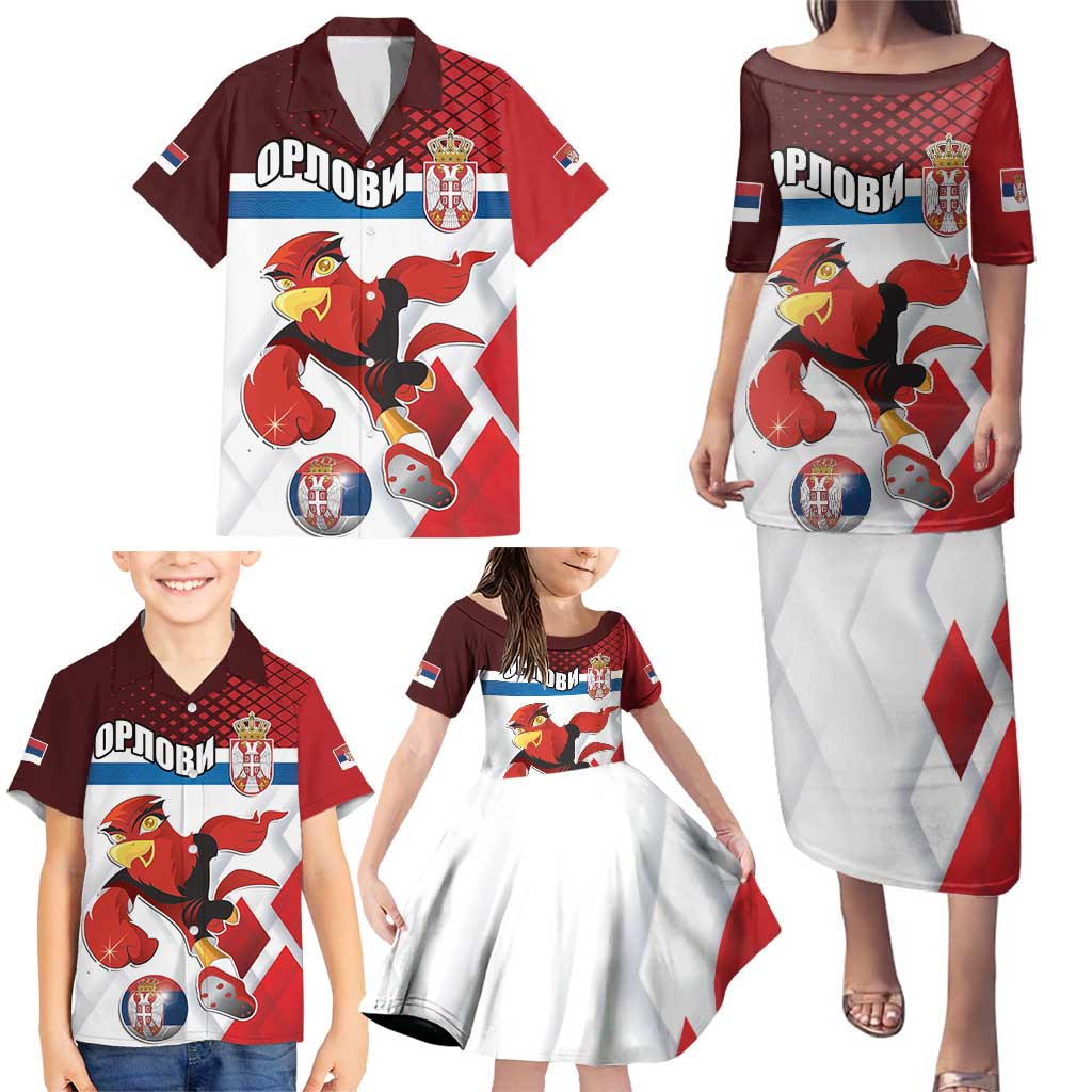 Custom Serbia Football Family Matching Puletasi and Hawaiian Shirt Sporty Style with Eagle Mascot