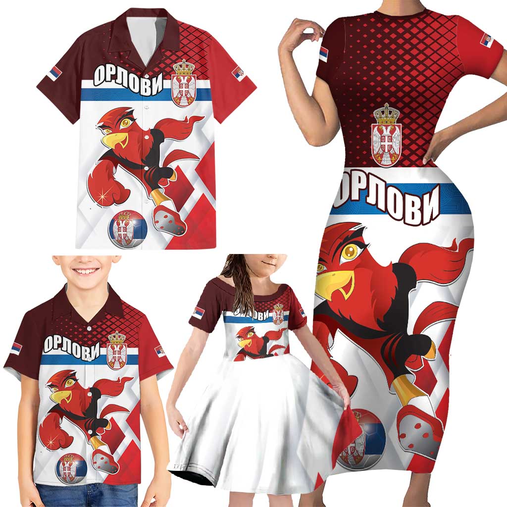 Custom Serbia Football Family Matching Short Sleeve Bodycon Dress and Hawaiian Shirt Sporty Style with Eagle Mascot