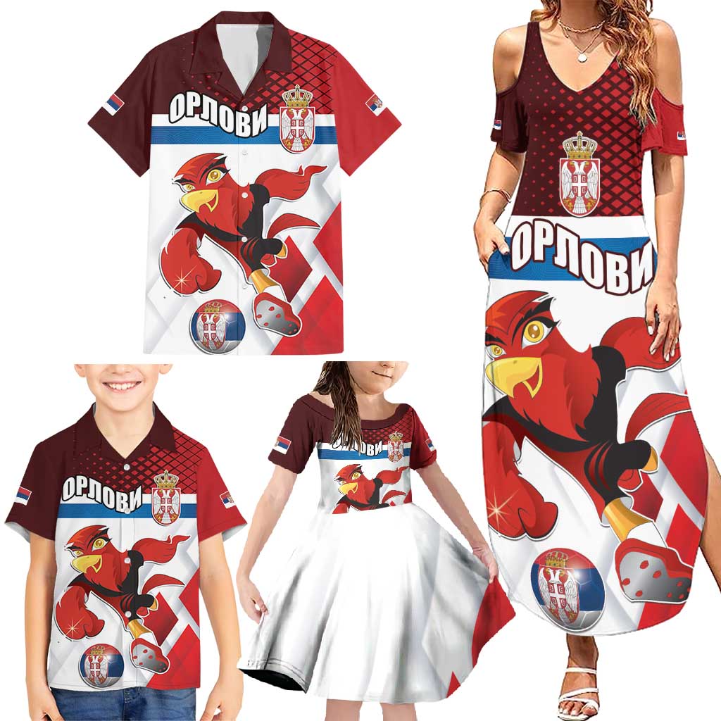 Custom Serbia Football Family Matching Summer Maxi Dress and Hawaiian Shirt Sporty Style with Eagle Mascot