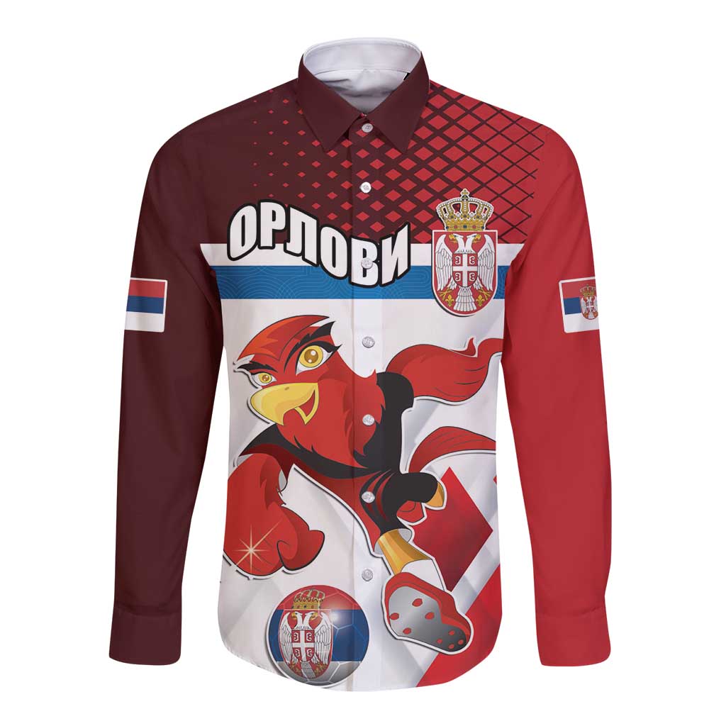 Custom Serbia Football Long Sleeve Button Shirt Sporty Style with Eagle Mascot