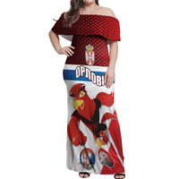 Custom Serbia Football Off Shoulder Maxi Dress Sporty Style with Eagle Mascot