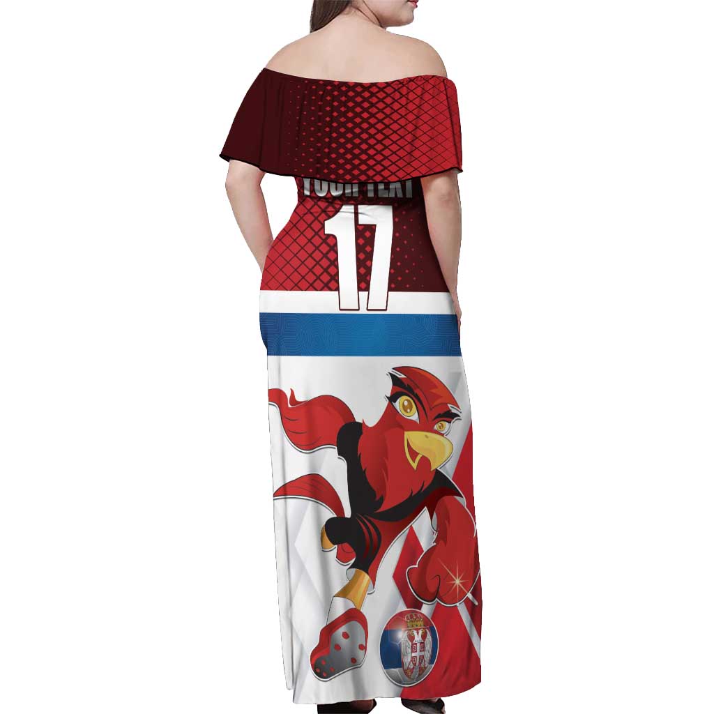 Custom Serbia Football Off Shoulder Maxi Dress Sporty Style with Eagle Mascot