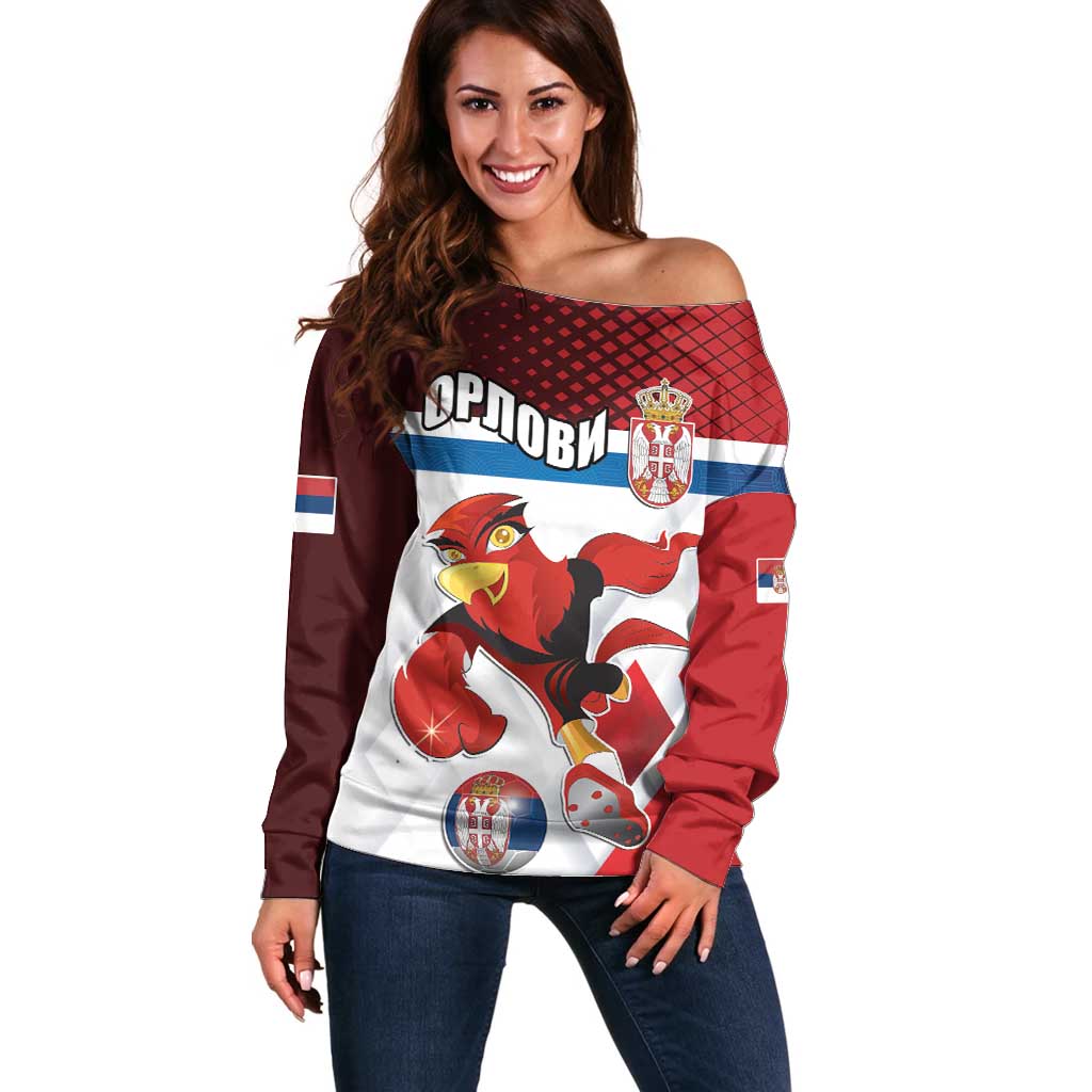 Custom Serbia Football Off Shoulder Sweater Sporty Style with Eagle Mascot