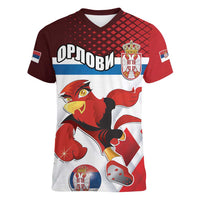 Custom Serbia Football Women V-Neck T-Shirt Sporty Style with Eagle Mascot