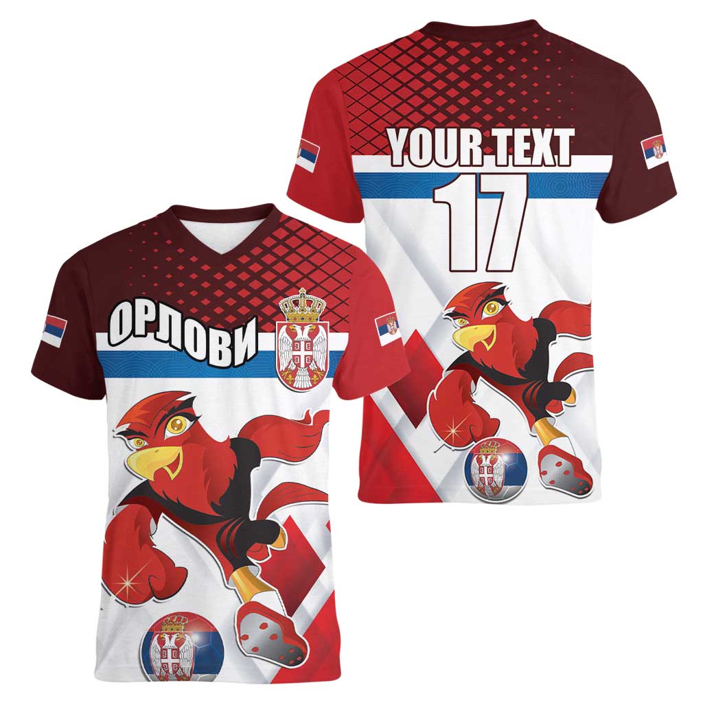 Custom Serbia Football Women V-Neck T-Shirt Sporty Style with Eagle Mascot