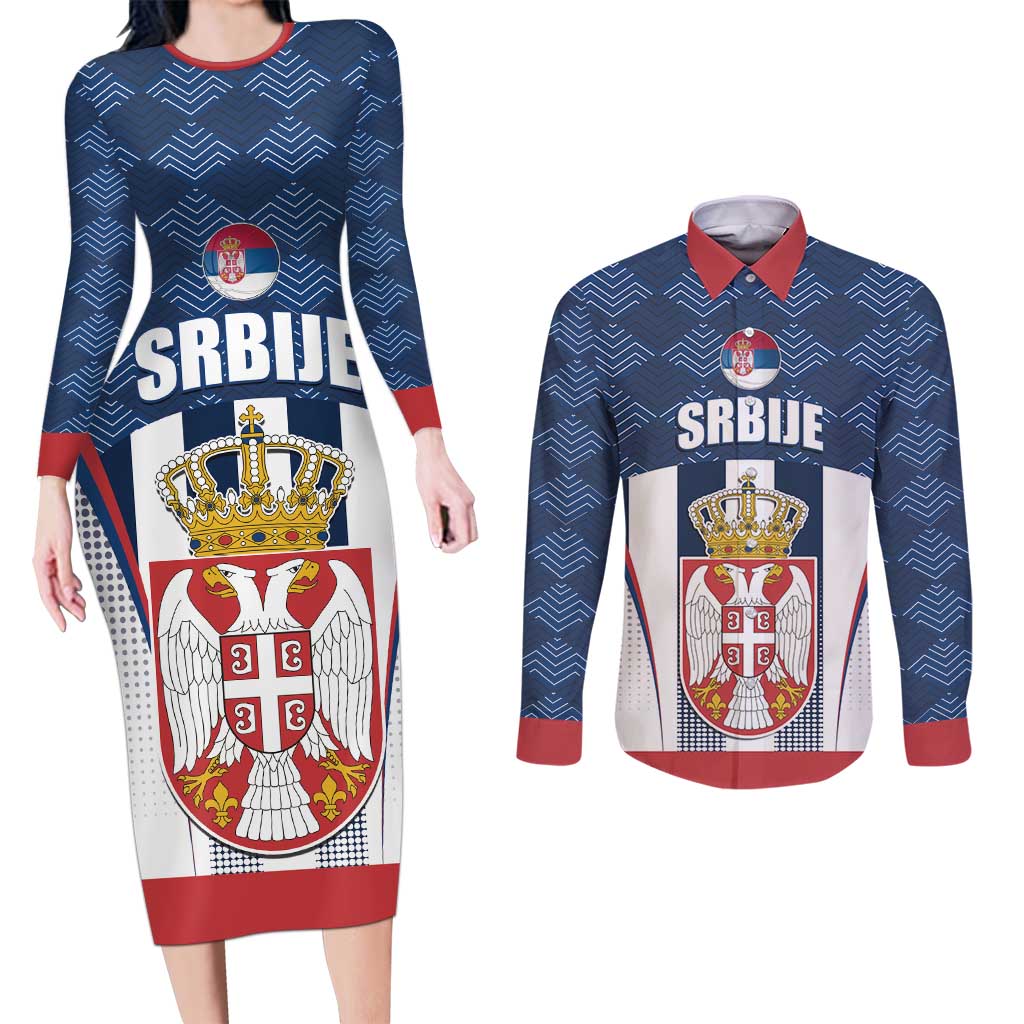 Custom Serbia Basketball Champions Couples Matching Long Sleeve Bodycon Dress and Long Sleeve Button Shirt Sporty Style with Coat of Arms