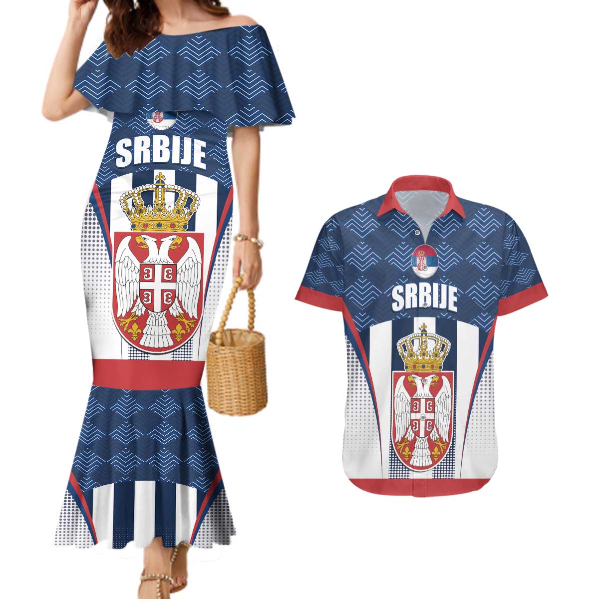 Custom Serbia Basketball Champions Couples Matching Mermaid Dress and Hawaiian Shirt Sporty Style with Coat of Arms