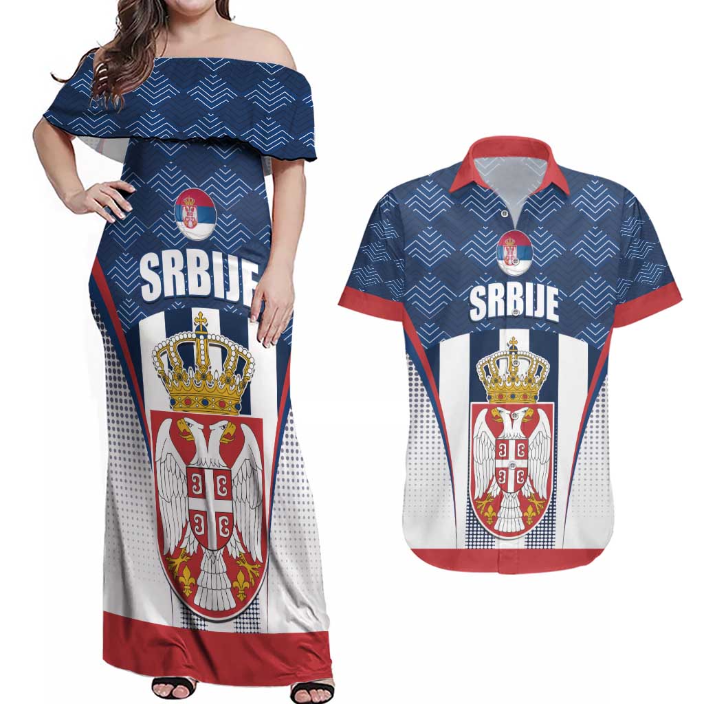 Custom Serbia Basketball Champions Couples Matching Off Shoulder Maxi Dress and Hawaiian Shirt Sporty Style with Coat of Arms